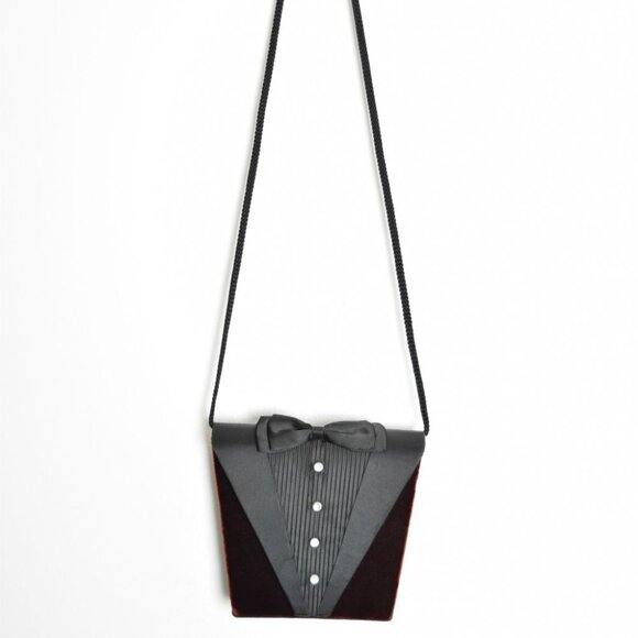 vintage 80s TUXEDO purse black velvet satin evening hand bag bow long strap - Picture 2 of 8